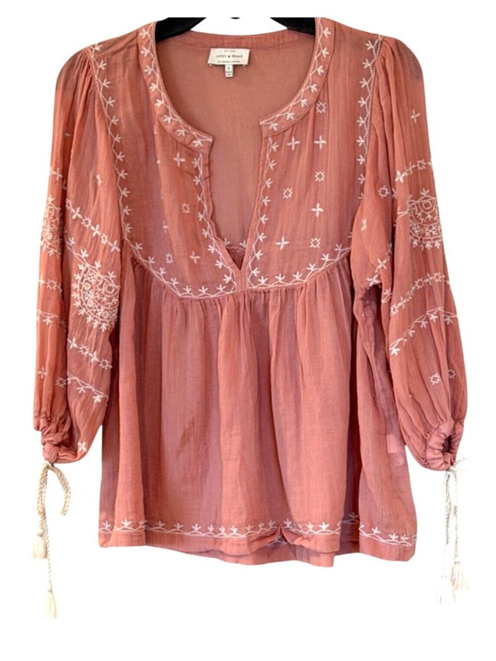 Lucky Brand Women's Embroidered Peasant Top Coral Size Small